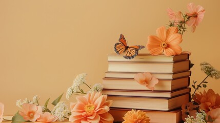 stack of books with beautiful flowers and butterfly on beige background with copy space