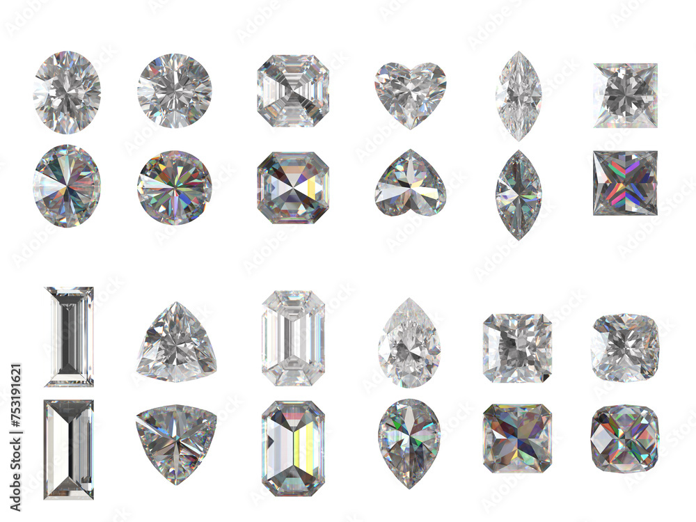Poster diamonds multiple type isolated background on top and bottom view 3d rendering