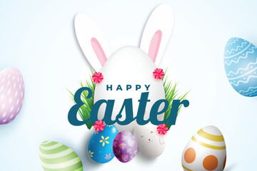 Realistic happy easter day eggs and leaves