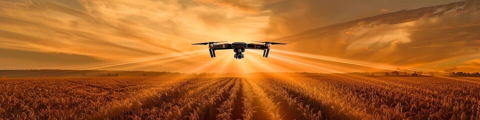 A drone flies over a field. using artificial intelligence. agriculture. generative ai