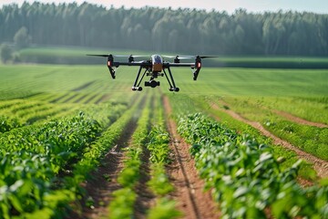 A drone flies over a field. using artificial intelligence. agriculture. generative ai - obrazy, fototapety, plakaty