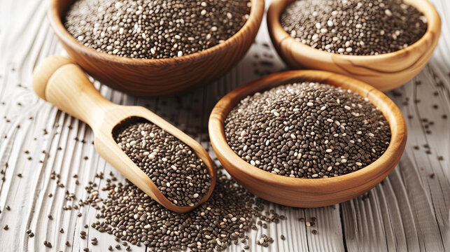 
Chia seeds scattered on a plate against a white isolated background