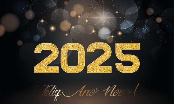 cartão ou banner para desejar um feliz ano novo 2025 em ouro sobre fundo preto com círculos de efeito bokeh e estrelas de várias cores