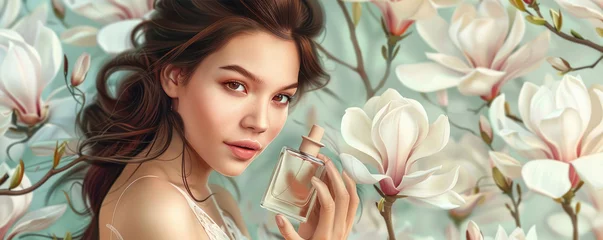 Gardinen beautiful young girl with a bottle of perfume in her hands in magnolia flowers. advertising poster or banner. space for text © MK studio
