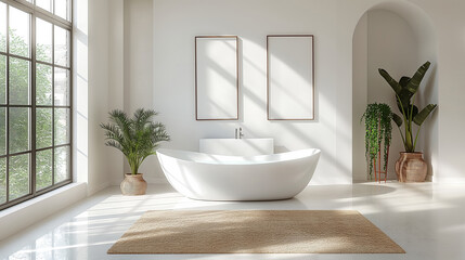 Fototapeta na wymiar Spacious modern bathroom bathed in natural light features a freestanding tub and lush indoor plants