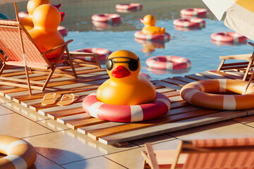 Yellow rubber duck in sunglasses in the relaxation zone in the swimming pool.