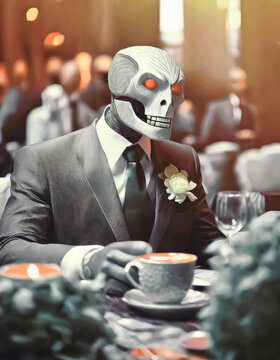A skeleton man enjoying a meal