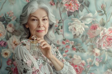 elderly woman with gray hair with a bottle of perfume in her hands on a floral background. advertising poster or banner