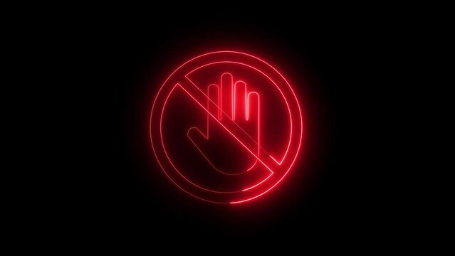 Neon line Stop hand sign animation. Stop flashing. Do not enter stop red sign with hand animation. Prohibition sign. Stop palm gesture.