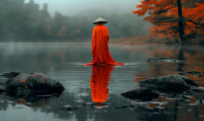 Asian man in conical straw hat and red robe standing at water edge in stunning landscape,...