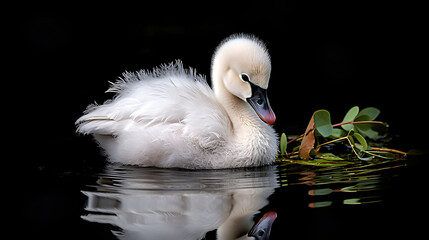 Elegant Cygnet in Serene Waters: Capturing the Peaceful Beauty of a Young Swan's Existence - obrazy, fototapety, plakaty