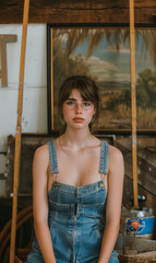 Attractive young woman with large breasts wearing overall pants