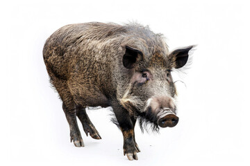 A powerful boar exudes strength and intensity against a pristine white backdrop