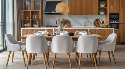 A modern kitchen with an island dining table with chairs and some tableware and decorations