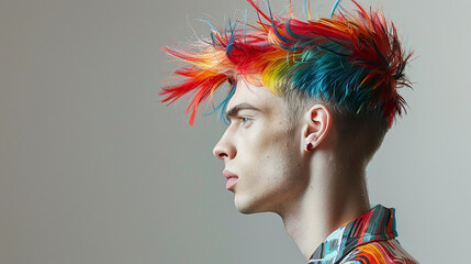 Trendsetting man showcasing a bold and unique hairstyle, complementing his avant-garde fashion sense.