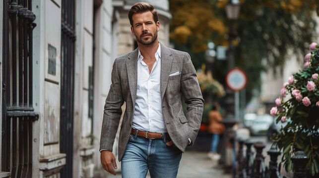 Handsome man in a tailored blazer and jeans, achieving a smart-casual style with a modern twist.
