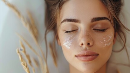 Fototapeta premium Close-up of a young woman with moisturizing cream on her face, with closed eyes and a serene expression, on a light background. Beauty and skincare concept.