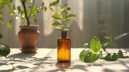 Green plant sprout in a brown glass bottle with shadows and light play on a white surface. Home gardening and eco-friendly concept with copy space.