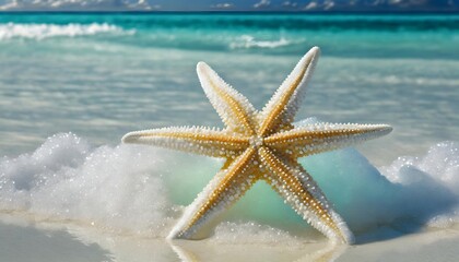 Fototapeta na wymiar a calm and beautiful view of the beach with a starfish in the foreground
