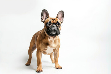A French Bulldog stands proudly against a pristine white backdrop
