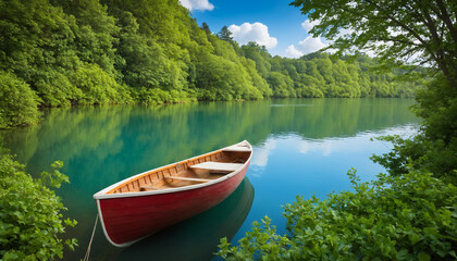 A tranquil lakeside scene with a lone rowboat floating on calm waters, framed by lush greenery and...