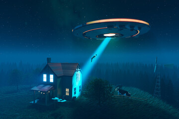 Alien flying saucer kidnapping innocent human using light beam through a window. © Dabarti