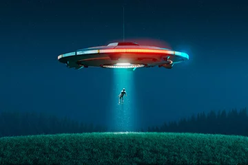 Fotobehang UFO Extraterrestrial flying saucer light beam kidnapping human over a field of grass  © Dabarti