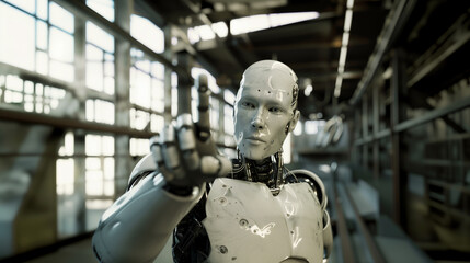 Fototapeta na wymiar Interaction homme-machine : Un robot humanoïde manipule une interface invisible