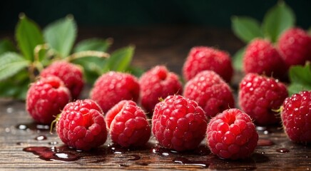 Washed Raspberries on a wooden counter - AI Generated 