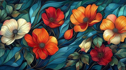 Colorful Flowers on Blue Background
