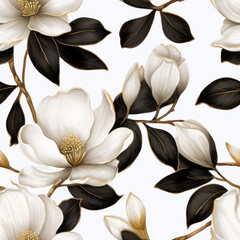 White and Gold Magnolia flowers seamless pattern on the white background. Watercolor botanical illustration.