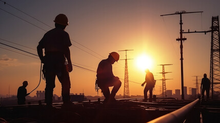 Engineer, power engineer in helmet checks power line using computer tablet online. Electrician in outdoors. Electric lines of high voltage at sunset. Distribution and supply of electricity
