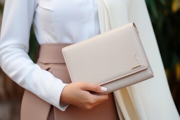 Close up unrecognizable woman holding handbag fashionable lifestyle business stylish businesswoman elegant lady girl female model brand company clothes new collection accessories classic trendy luxury