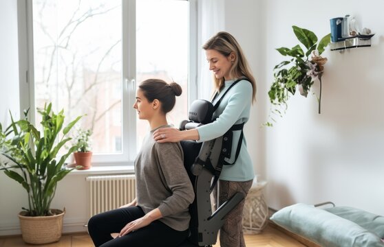 Compassionate Home Visit: Doctor Attends to Patient in Wheelchair with Broken Neck.Generated image