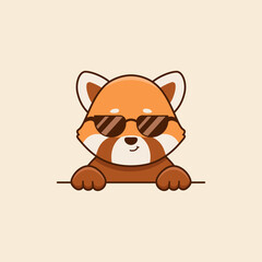 Cute red panda in sunglasses in cartoon style. Vector flat illustration
