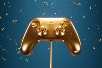 Precious golden gamepad trophy celebration with confetti. Video game tournament. - 753195492