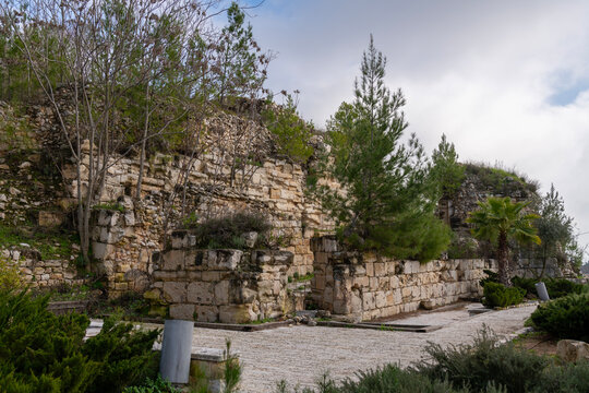Ruins of the Citadel fortress castle at the highest spot in Safed or Tzfat in northern Israel. 
