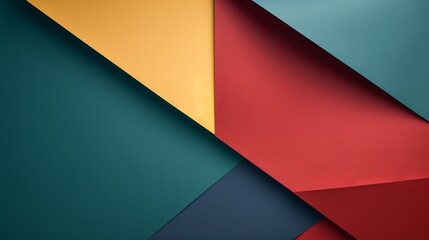 An abstract colored paper texture background presents minimal geometric shapes and lines in light blue, navy, red, and yellow colors, offering a visually dynamic composition.