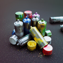 Colorful spray cans covered in paint splatters for artistic concept or graffiti