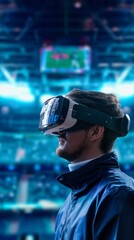 A man is deeply engaged in a virtual reality experience, wearing a futuristic VR headset with glowing blue lights, encapsulating the essence of modern technology.