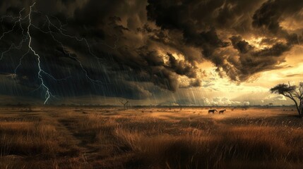 Naklejka na ściany i meble A vivid artwork of an African savannah scene, where the tranquility of a sunset is contrasted with the powerful drama of an approaching thunderstorm. Resplendent.