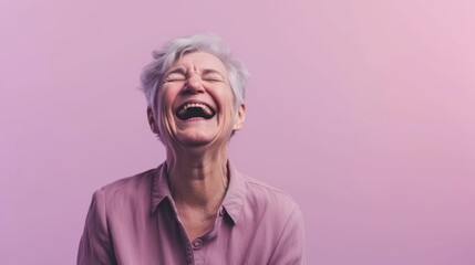 An elderly woman's heartfelt laughter mirrors the carefree essence of childhood, captured against a soft violet background suggestive of Kidcore dreams.