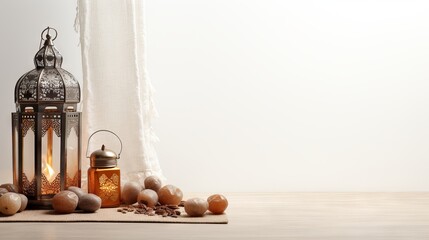 Traditional arabic decor with lantern, dates, and beads - cultural and religious background image

