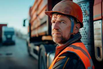 portrait of an experienced adult male truck driver wearing a hard hat and neon vest standing near his truck. Transport transportation, logistics - obrazy, fototapety, plakaty