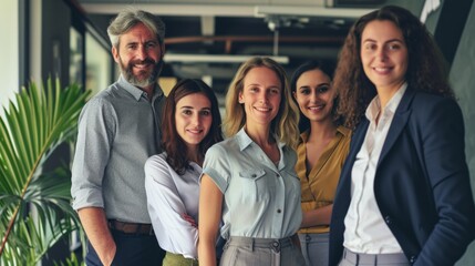 Fototapeta premium Portrait of successful group of business people at modern office looking at camera. Portrait of happy businessmen and satisfied businesswomen standing as a team. Multiethnic group of people smiling.