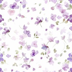 An airy watercolor pattern sprinkled with soft lilac blooms and gentle green foliage, creating a tranquil backdrop for design projects.