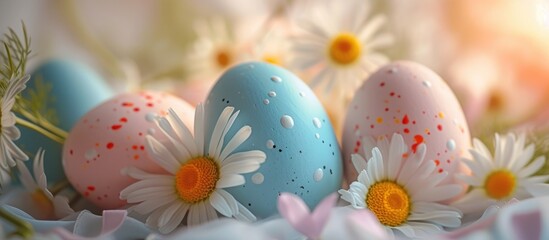Fototapeta na wymiar Easter eggs in pastel colors with daisies.