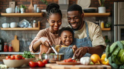 African American Family Cooking Together in Kitchen
