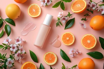 Flat lay mockup of a cosmetic container bottle surrounded by green leaves, flowers and orange slices on pink background - obrazy, fototapety, plakaty