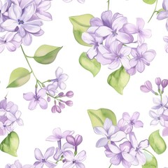A seamless watercolor pattern featuring soft lilac flowers and fresh green leaves, perfect for spring textiles, wallpapers, and backgrounds.